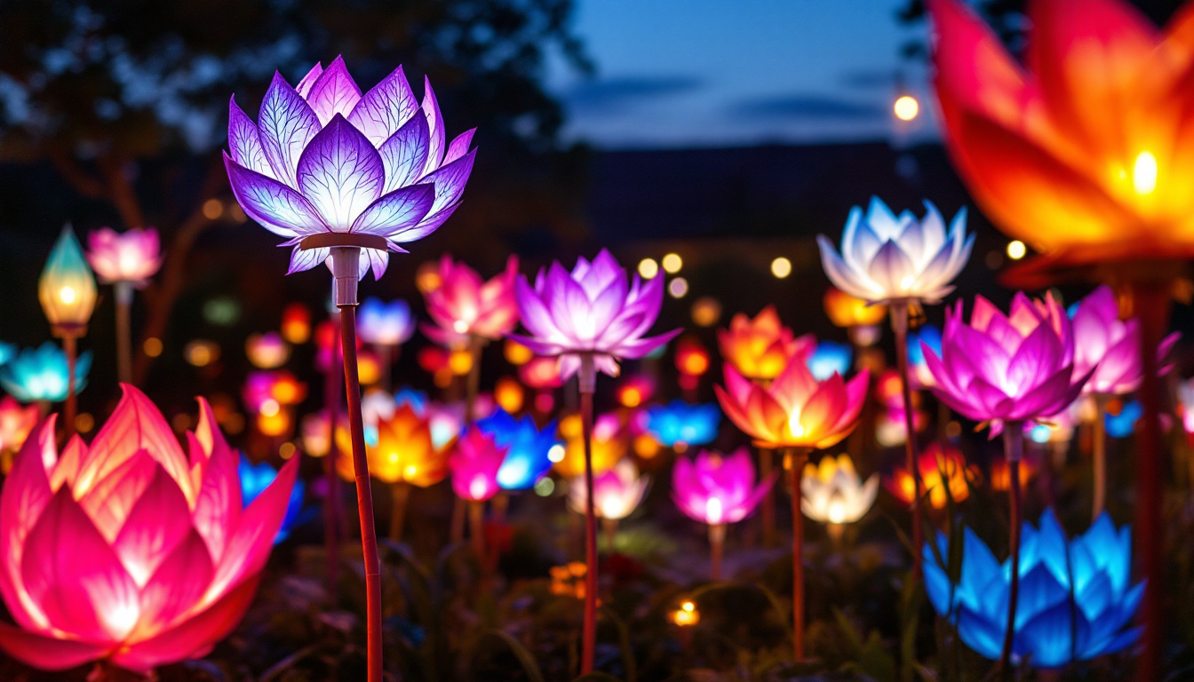 A photograph of a vibrant display of lotus lantern led lights illuminating a serene outdoor setting at dusk