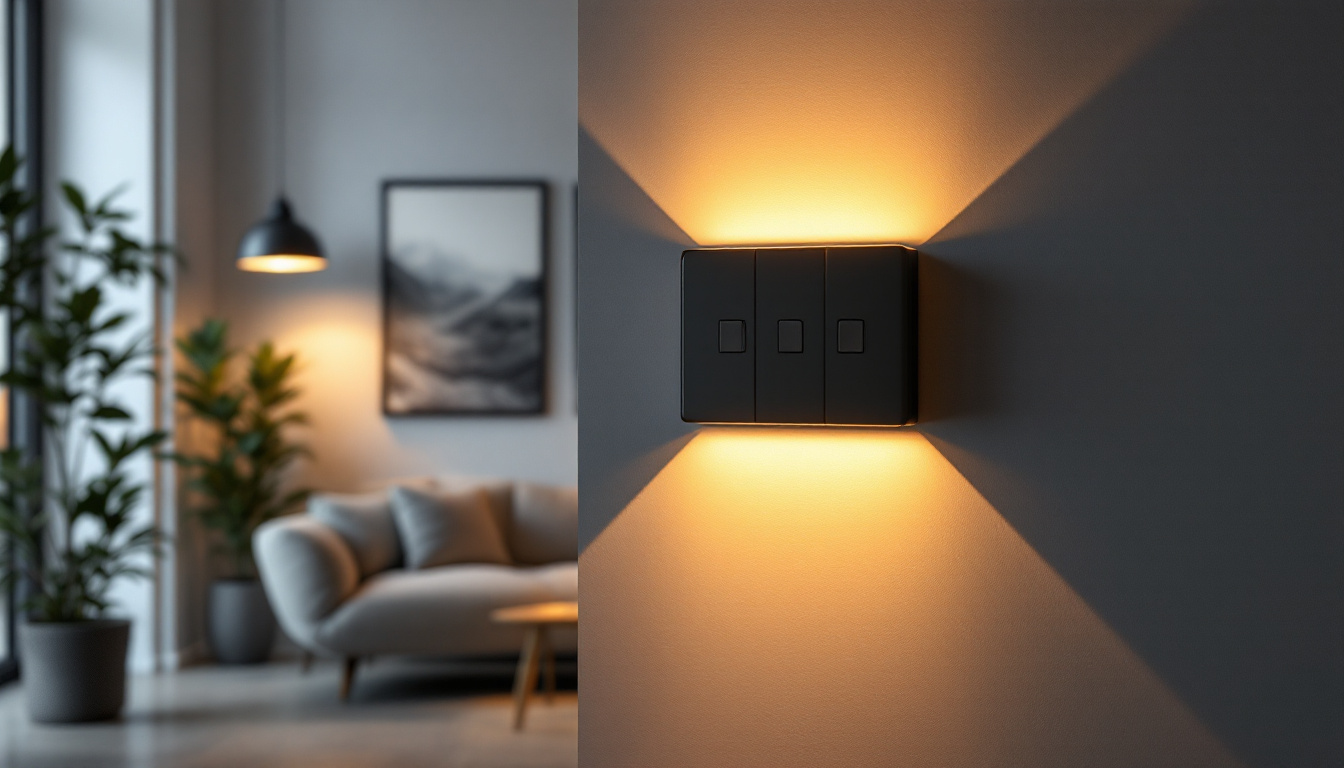A photograph of a creatively designed interior space featuring three-way switches in action