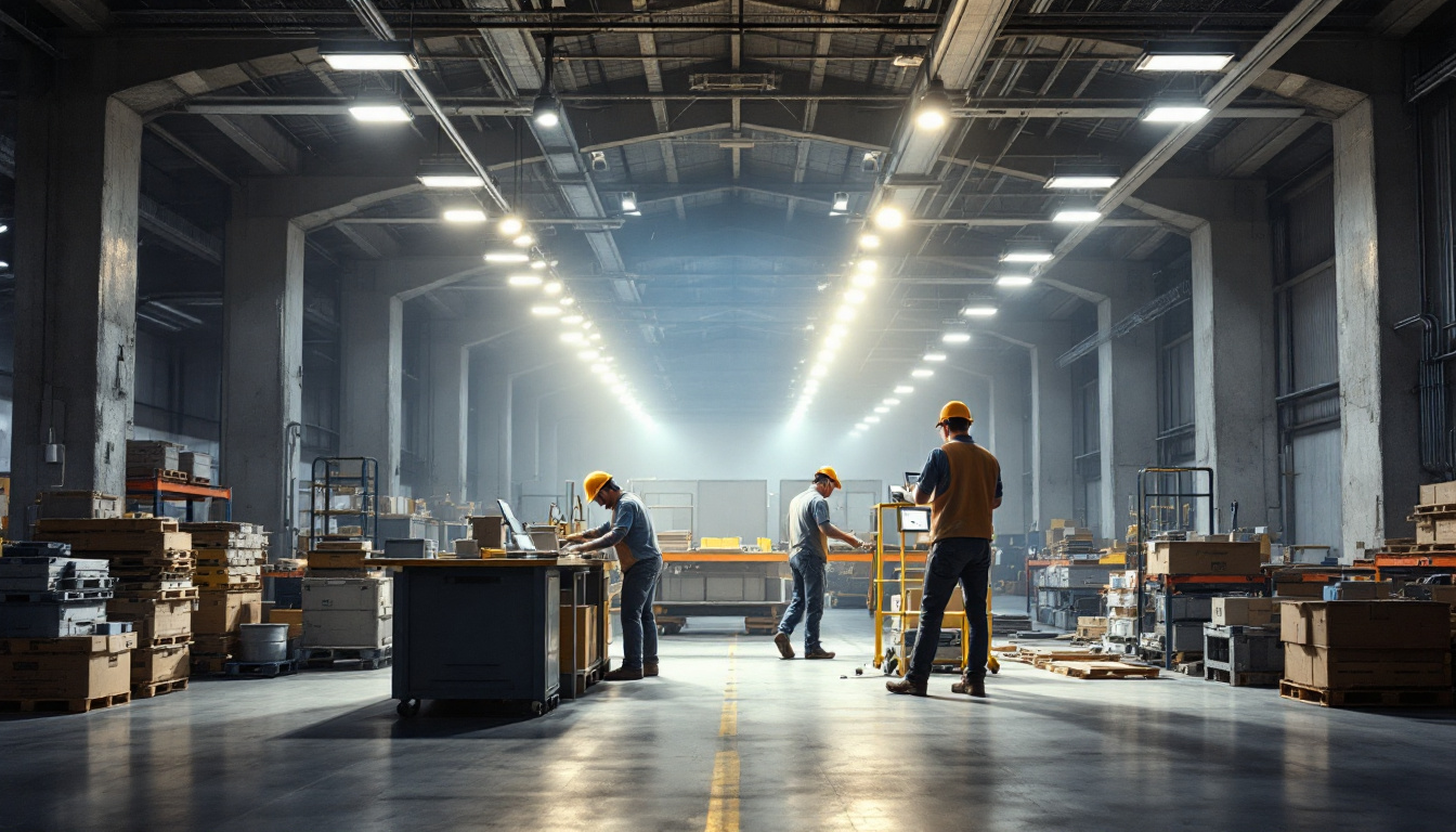 A photograph of a modern workplace or warehouse illuminated by powerful outdoor flood light bulbs