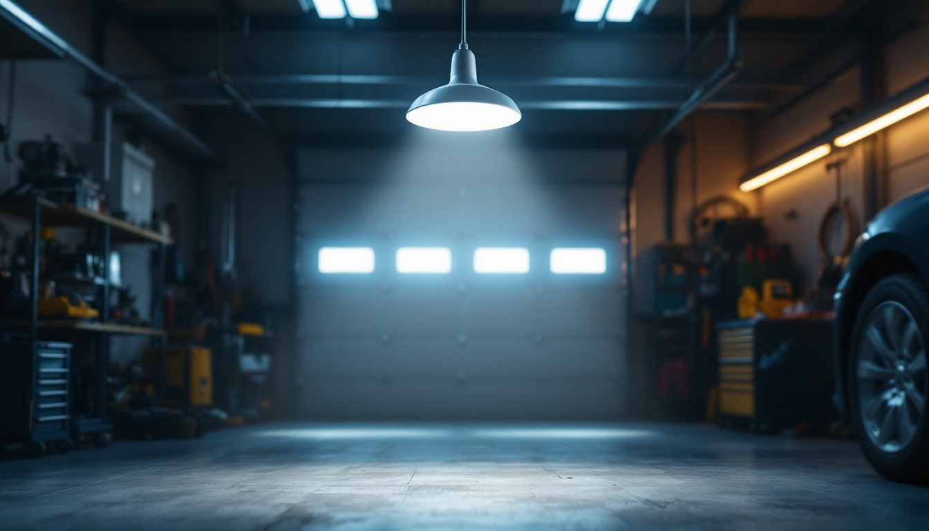A photograph of a well-lit garage featuring a modern light fixture in action