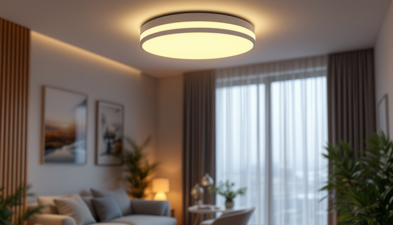 A photograph of a modern ceiling flush mount light fixture in a stylishly designed room