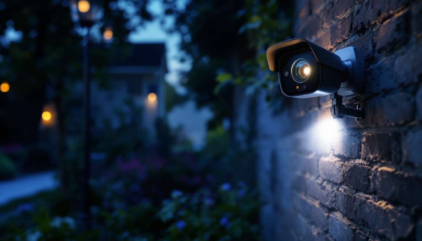 A photograph of a well-lit outdoor scene featuring a camera equipped with lights and motion sensors