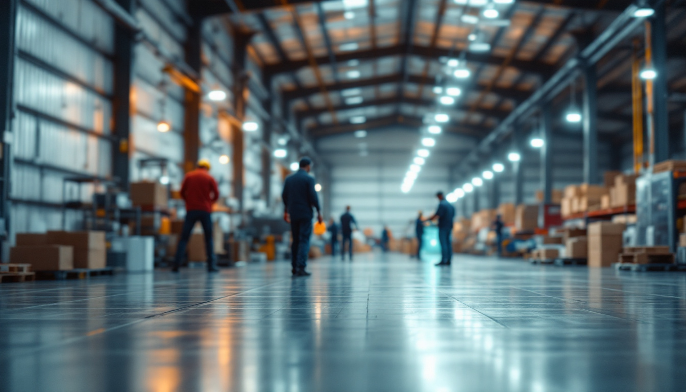 A photograph of a modern warehouse or shop floor illuminated by bright