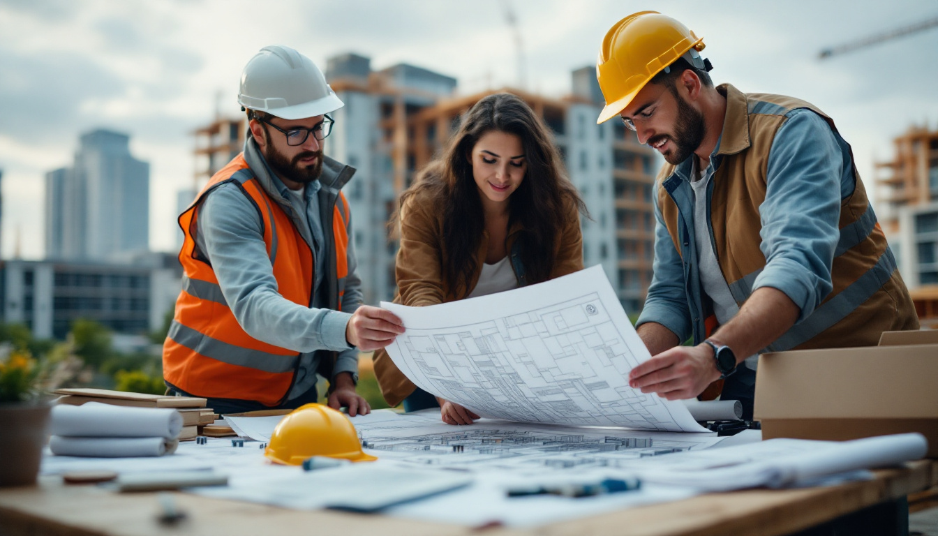 A photograph of a dynamic team of architects and developers collaborating over blueprints and 3d models of the norwood three project
