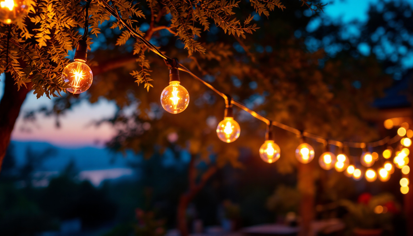 A photograph of a beautifully illuminated outdoor space adorned with vibrant led string lights