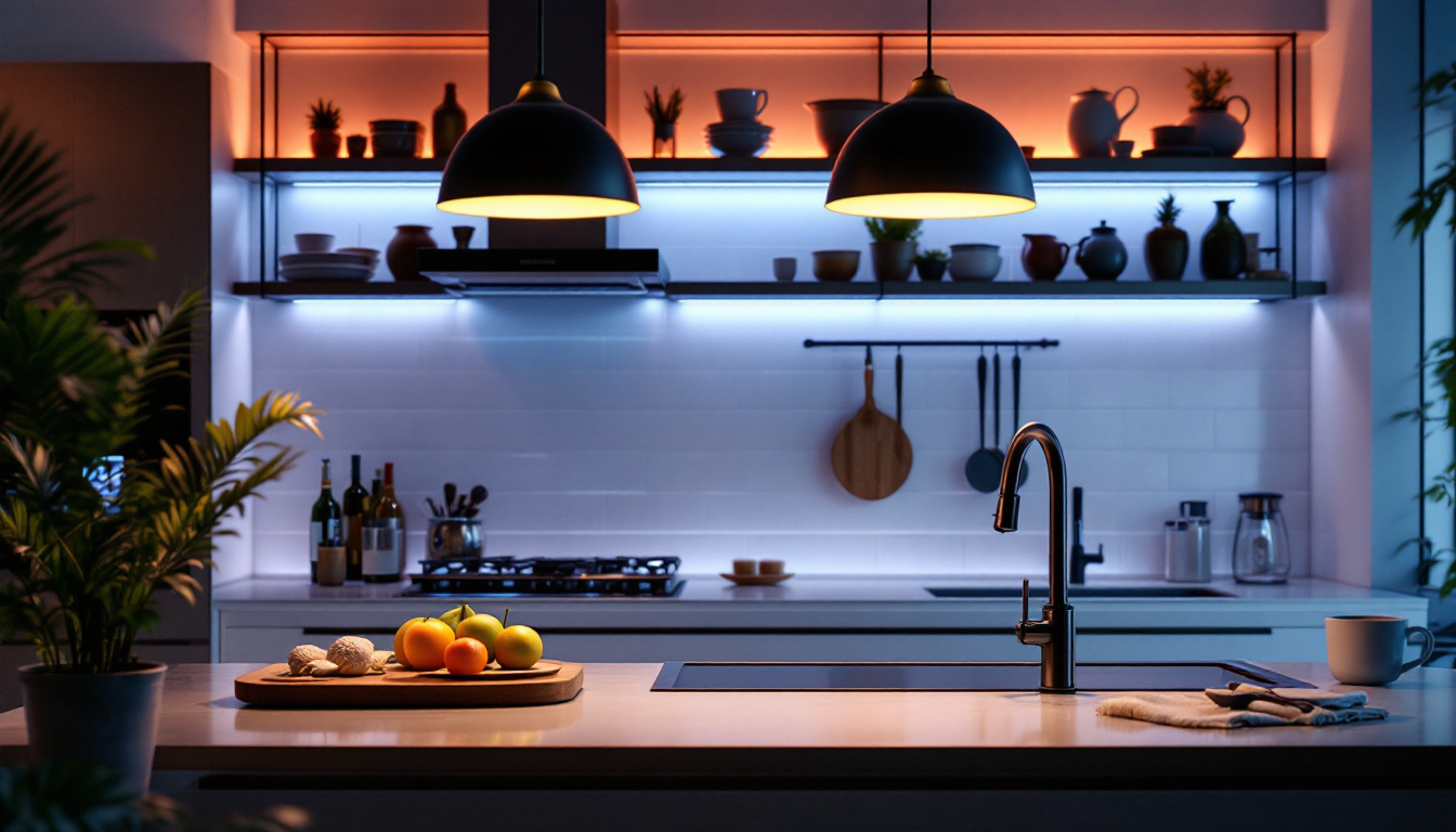 A photograph of a beautifully illuminated kitchen workspace showcasing under-counter lighting in action