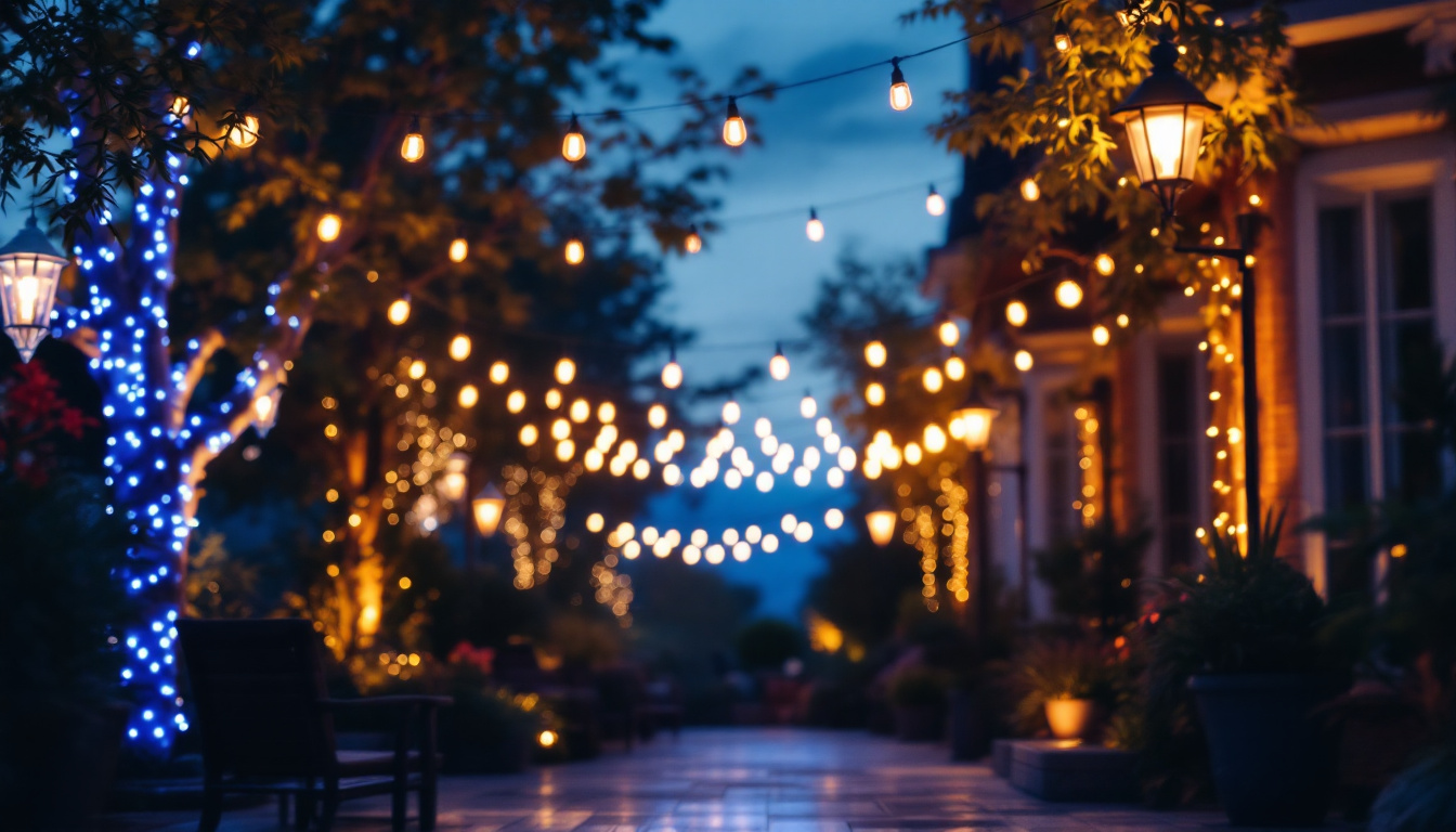 A photograph of a beautifully illuminated outdoor space featuring various styles of led lights
