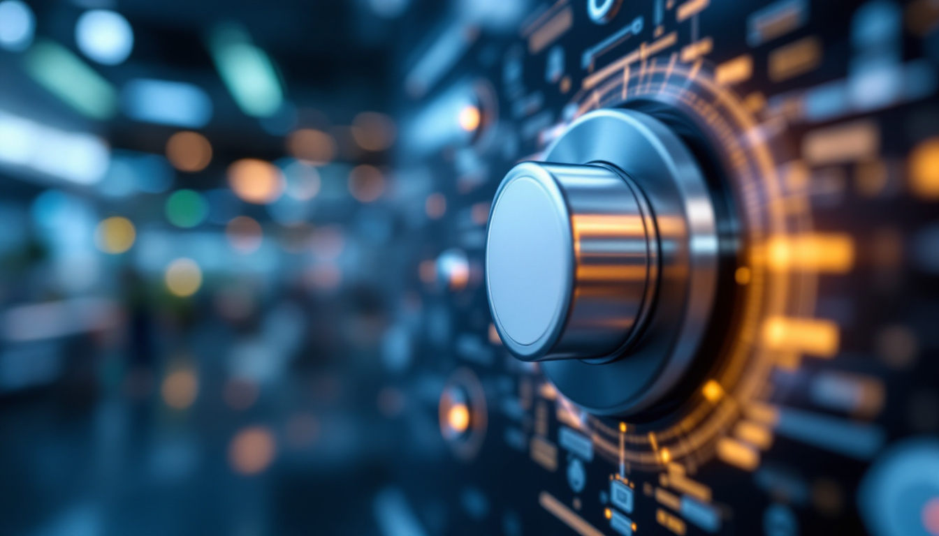A photograph of a close-up view of a modern push button switch in action