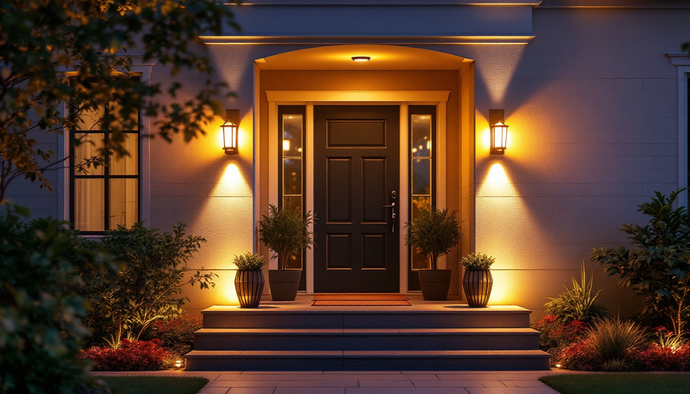 A photograph of a beautifully lit outdoor entryway showcasing various styles of entry lights in use
