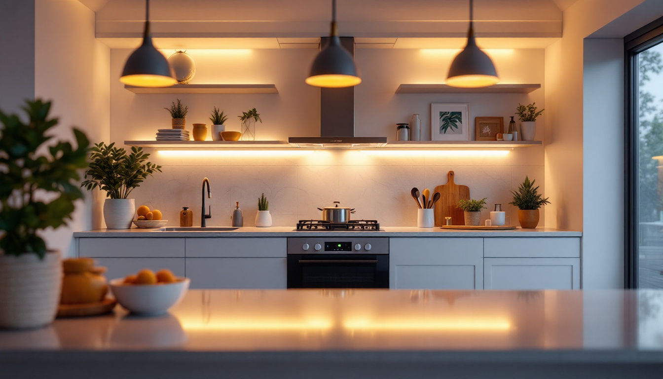 A photograph of a beautifully illuminated kitchen featuring stylish lights over cabinets