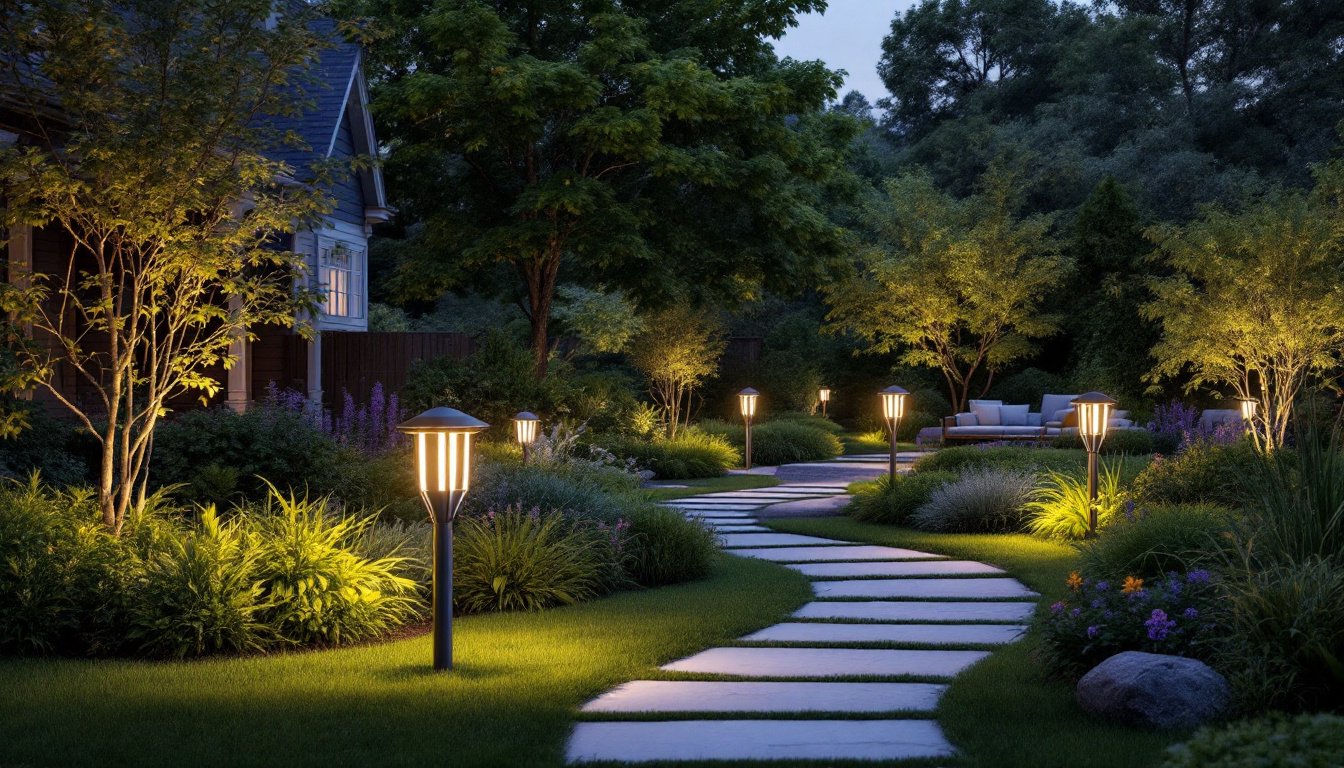 A photograph of a beautifully landscaped yard featuring creatively designed light posts that enhance the outdoor ambiance