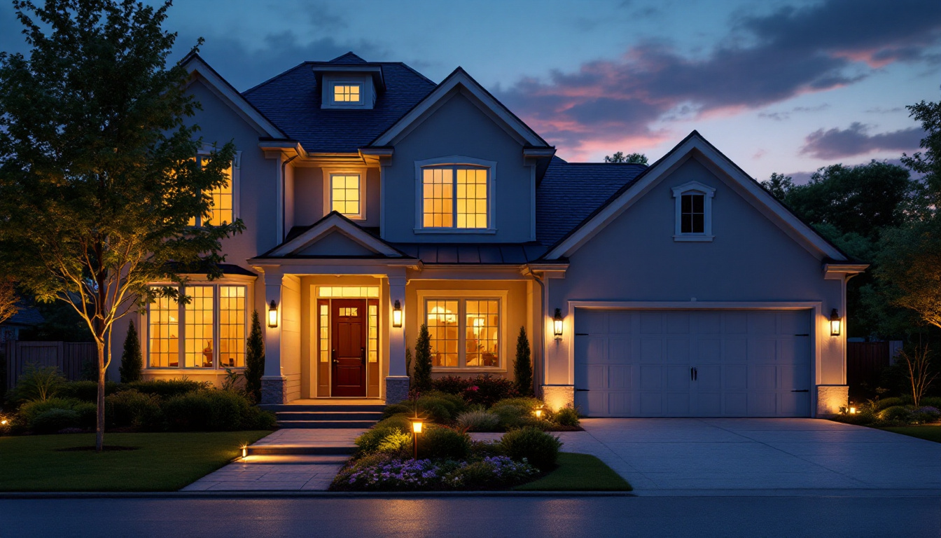 A photograph of a beautifully illuminated home exterior at dusk
