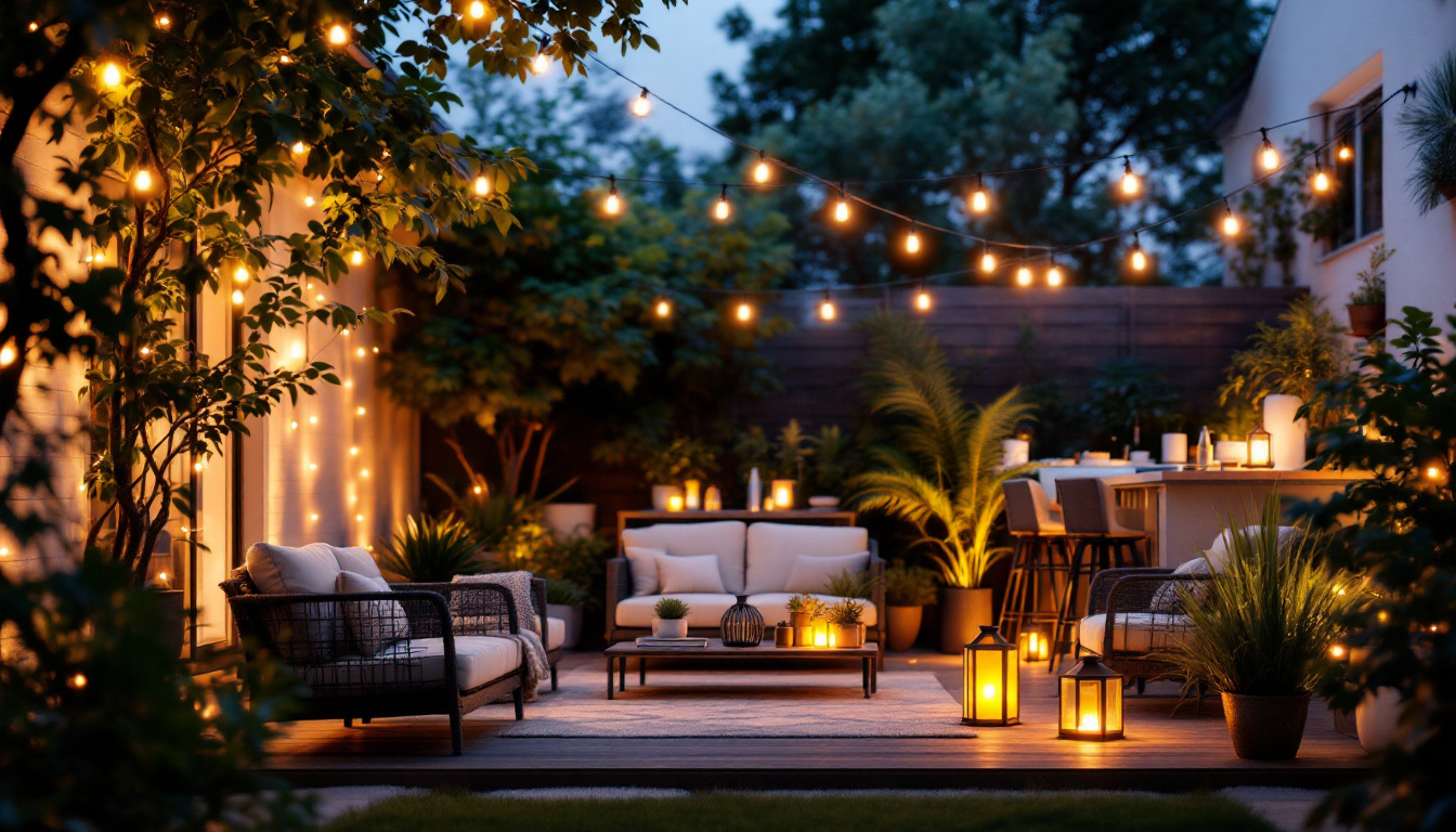 A photograph of a beautifully illuminated patio scene at dusk