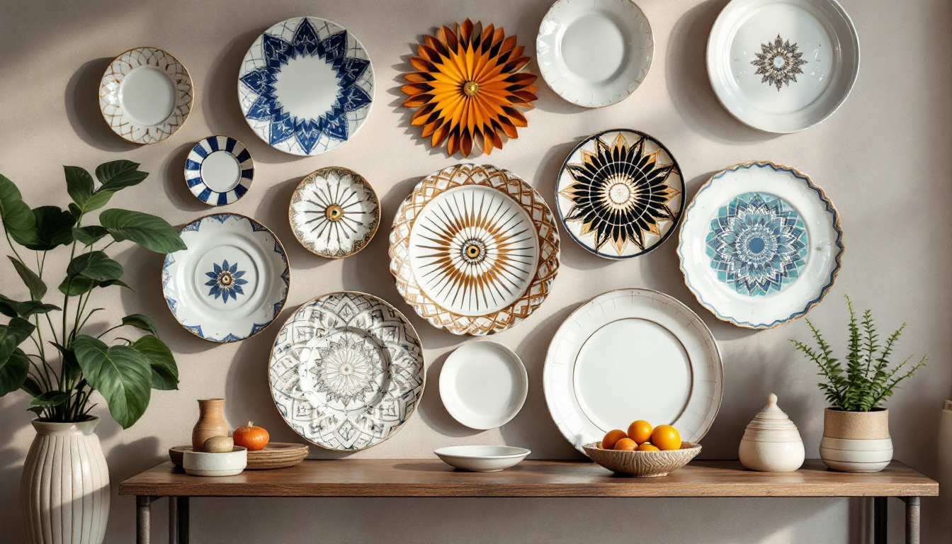 A photograph of a beautifully arranged display of ornamental wall plates showcasing a variety of styles