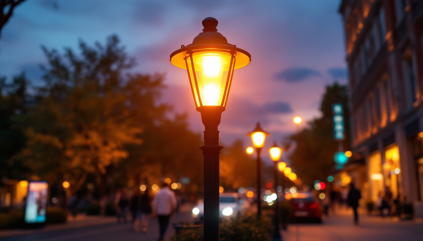 A photograph of a modern lamp post illuminating a bustling urban street at dusk