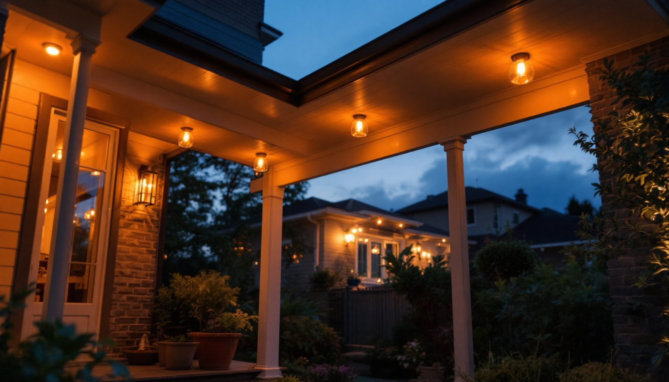A photograph of a beautifully illuminated porch featuring stylish ceiling lights