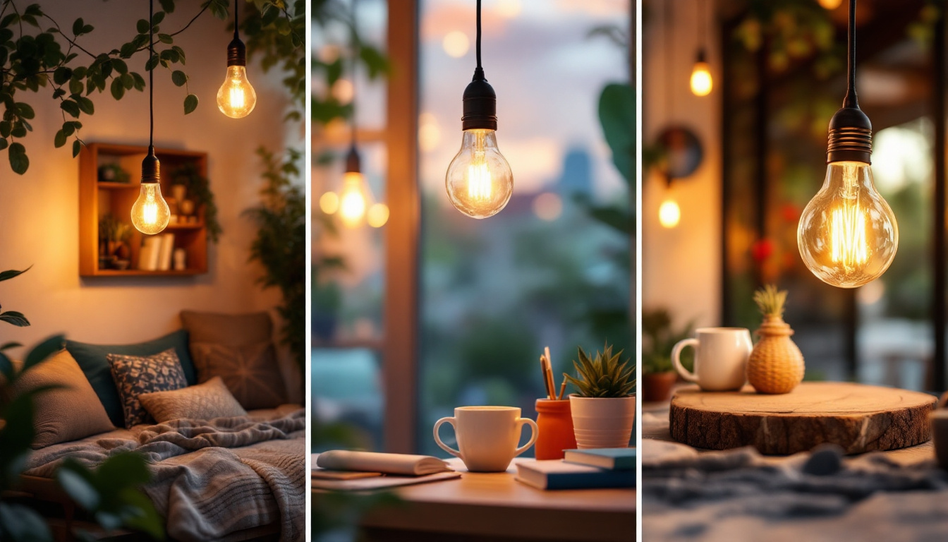 A photograph of a creatively arranged light bulb lamp integrated into diverse settings