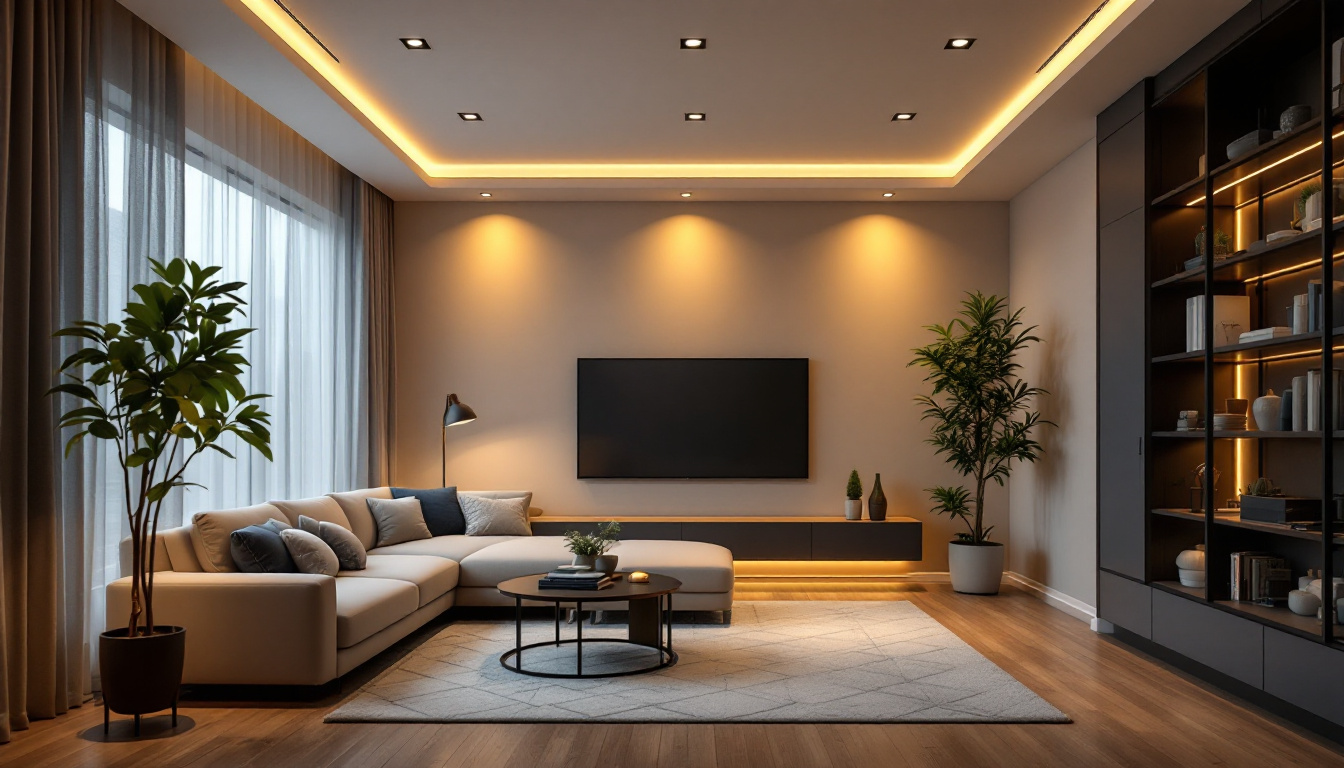 A photograph of a modern living space illuminated by recessed can lights