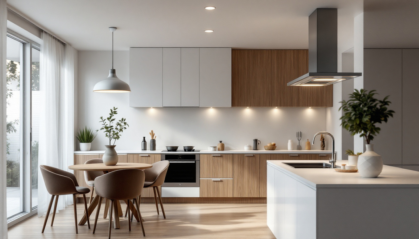 A photograph of a modern kitchen featuring strategically placed recessed lighting that highlights key areas such as the countertops