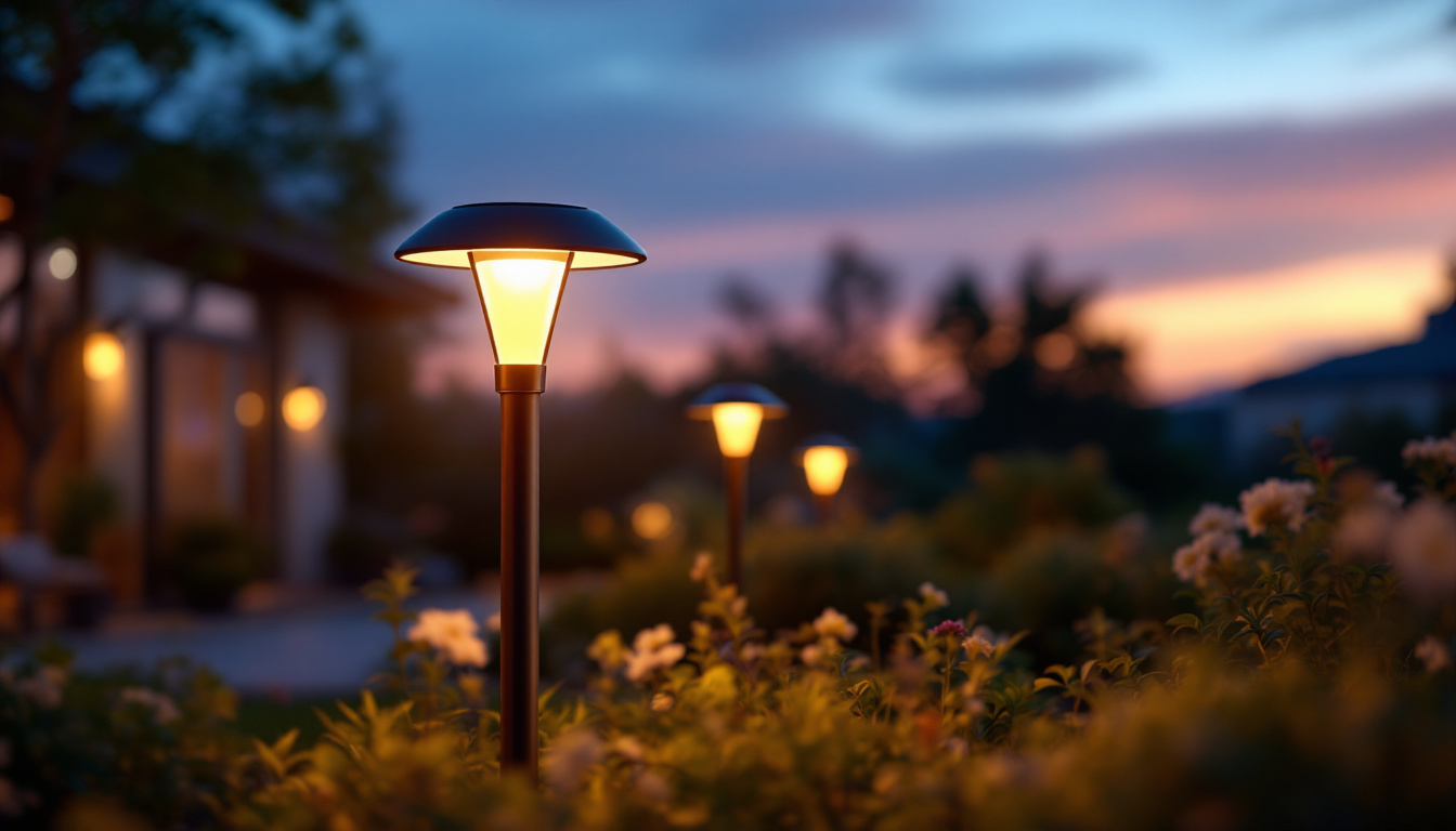 A photograph of a beautifully illuminated outdoor space featuring a stylish solar lamp