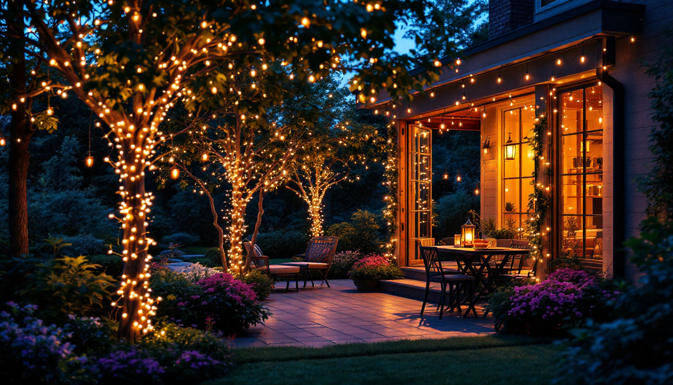 A photograph of a beautifully decorated outdoor space illuminated by twinkle lights at dusk