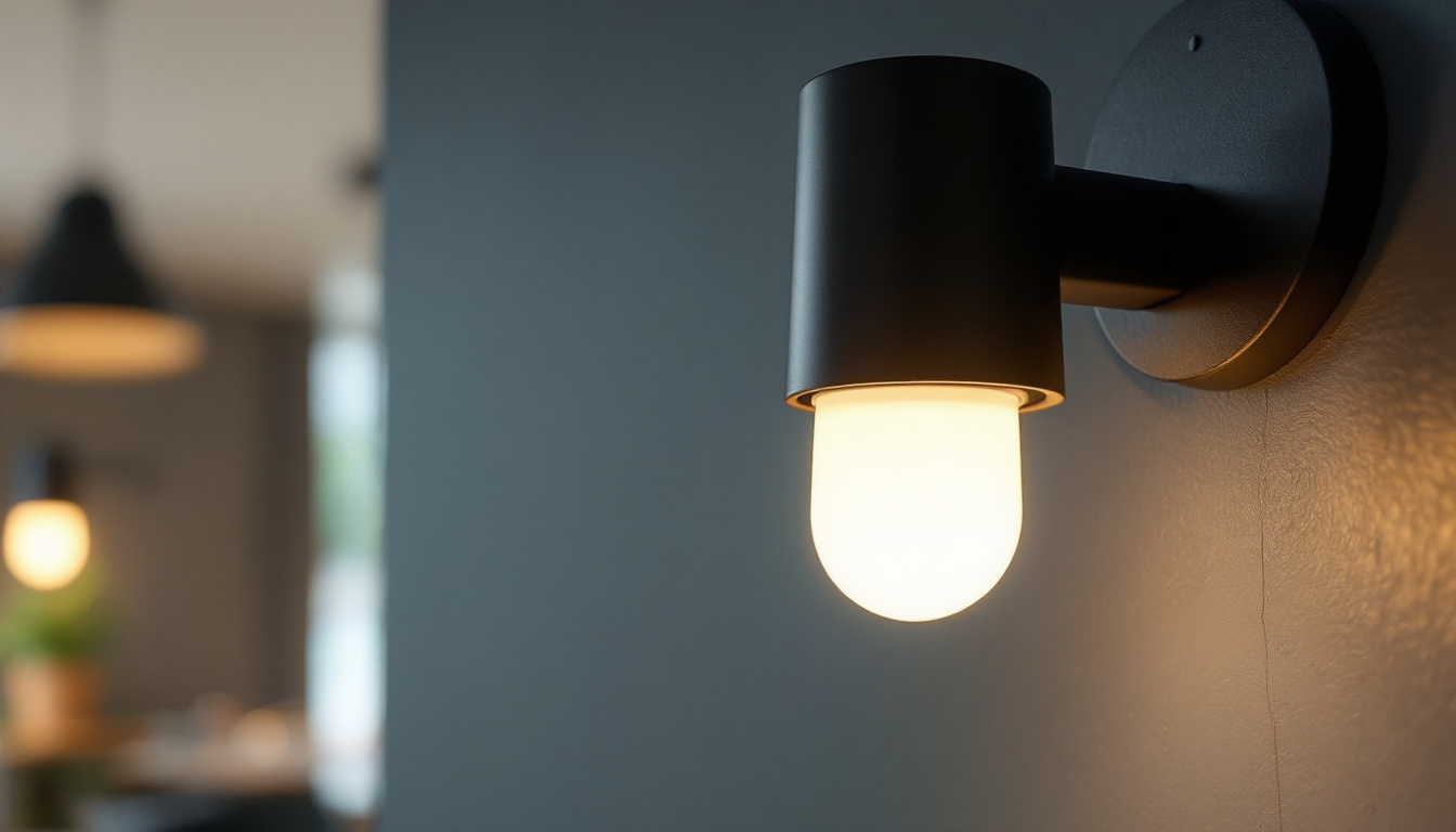 A photograph of a close-up shot of a modern screw-in light fixture installed in a stylish home setting