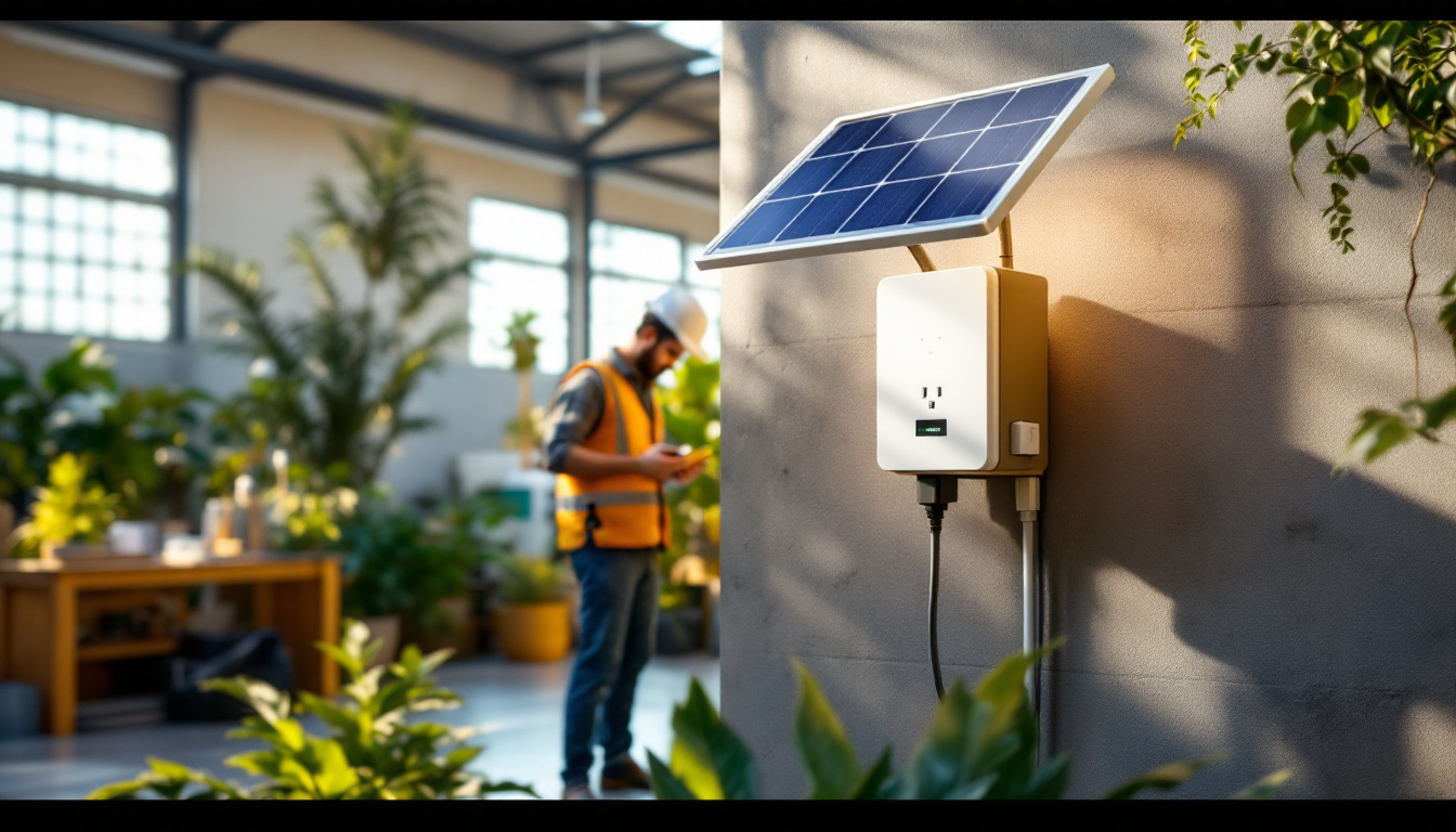 A photograph of a modern outdoor solar outlet installed in a vibrant workplace or warehouse setting