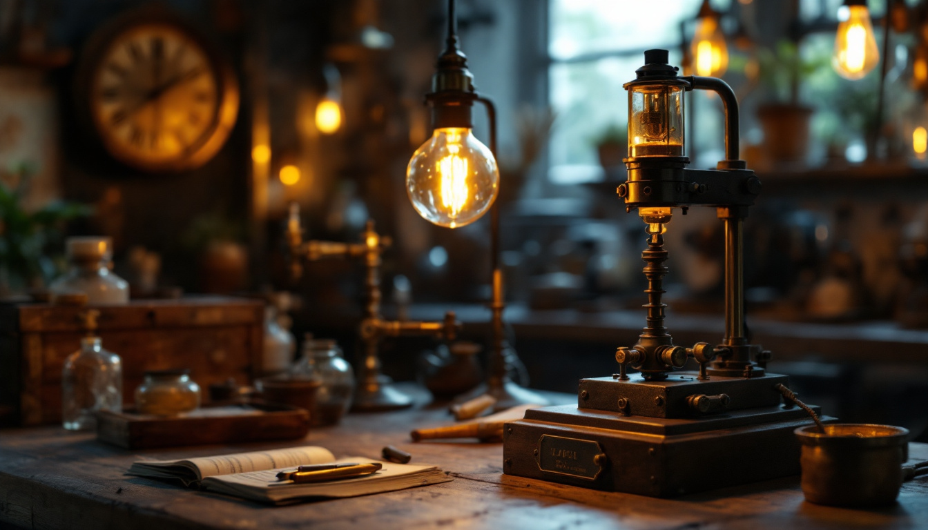 A photograph of a vintage-inspired laboratory setting featuring a replica of humphry davy's early electric light