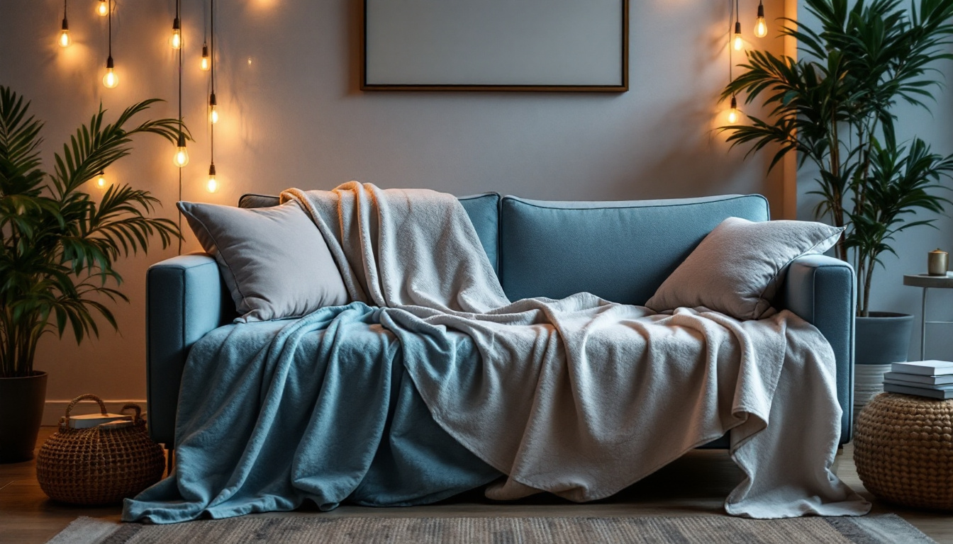 A photograph of a cozy living space featuring an electric cover draped over a stylish sofa