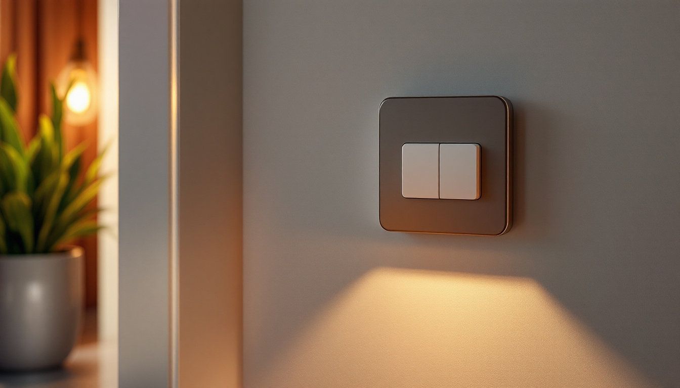 A photograph of a stylishly designed light switch with an integrated outlet