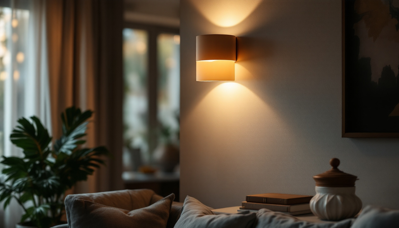 A photograph of a stylishly designed indoor wall sconce illuminating a cozy