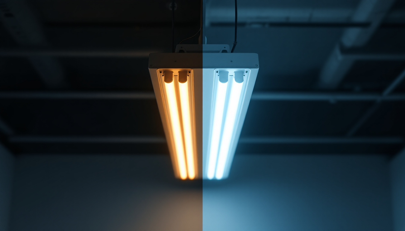 A photograph of a side-by-side comparison of a fluorescent light fixture and an led light fixture in a well-lit environment