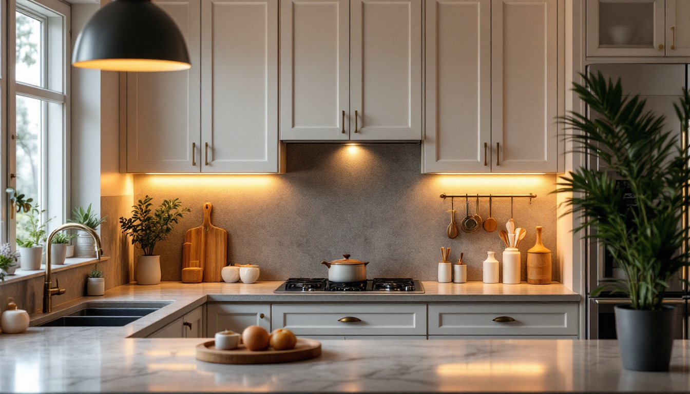 A photograph of a beautifully styled kitchen with warm