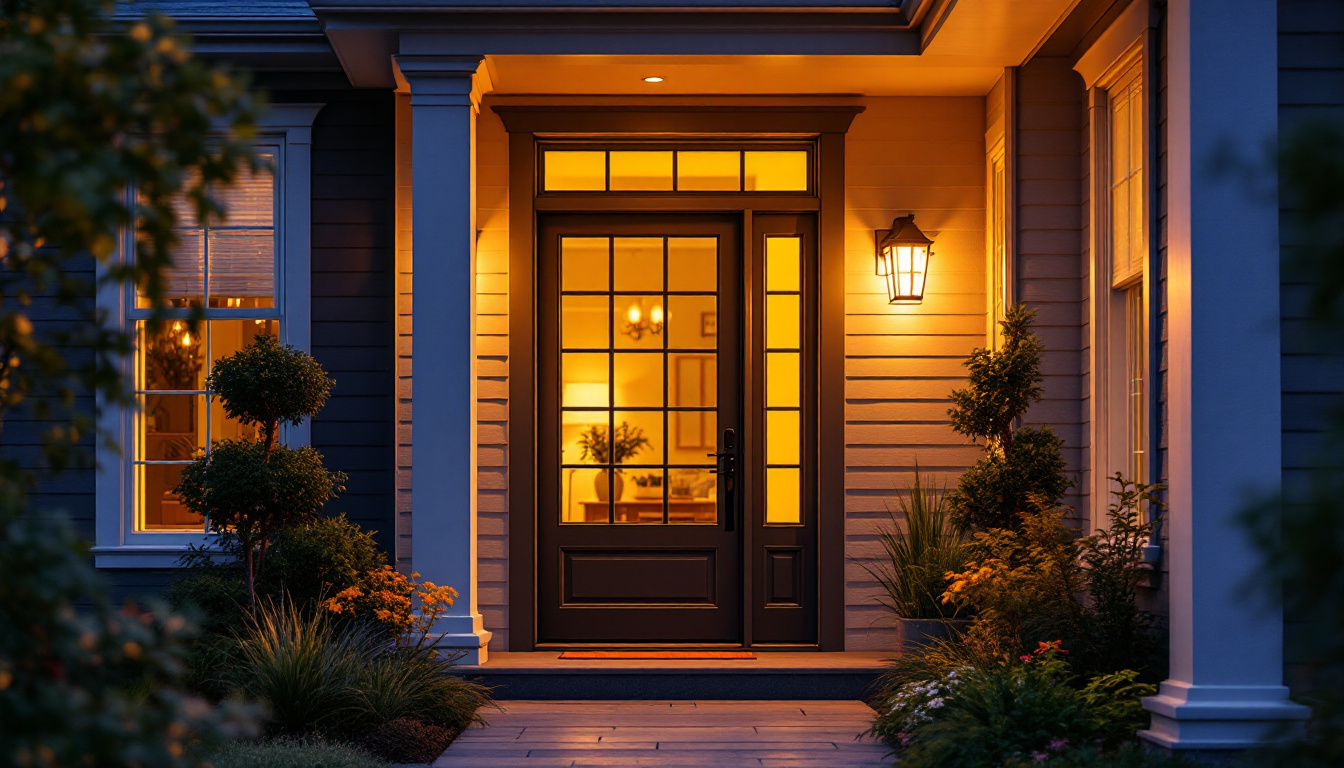 A photograph of a beautifully illuminated front door featuring stylish light fixtures