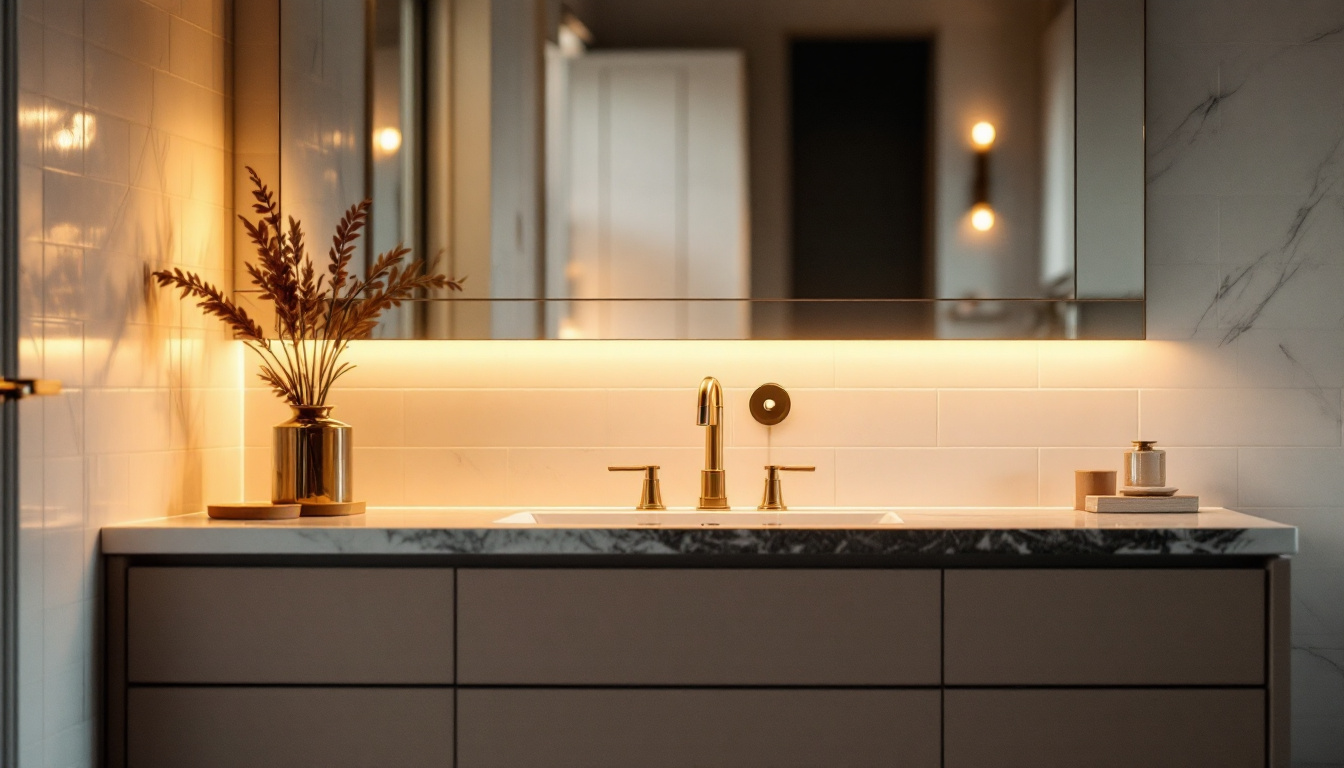 A photograph of a beautifully designed lecompton vanity light illuminating a stylish bathroom setting