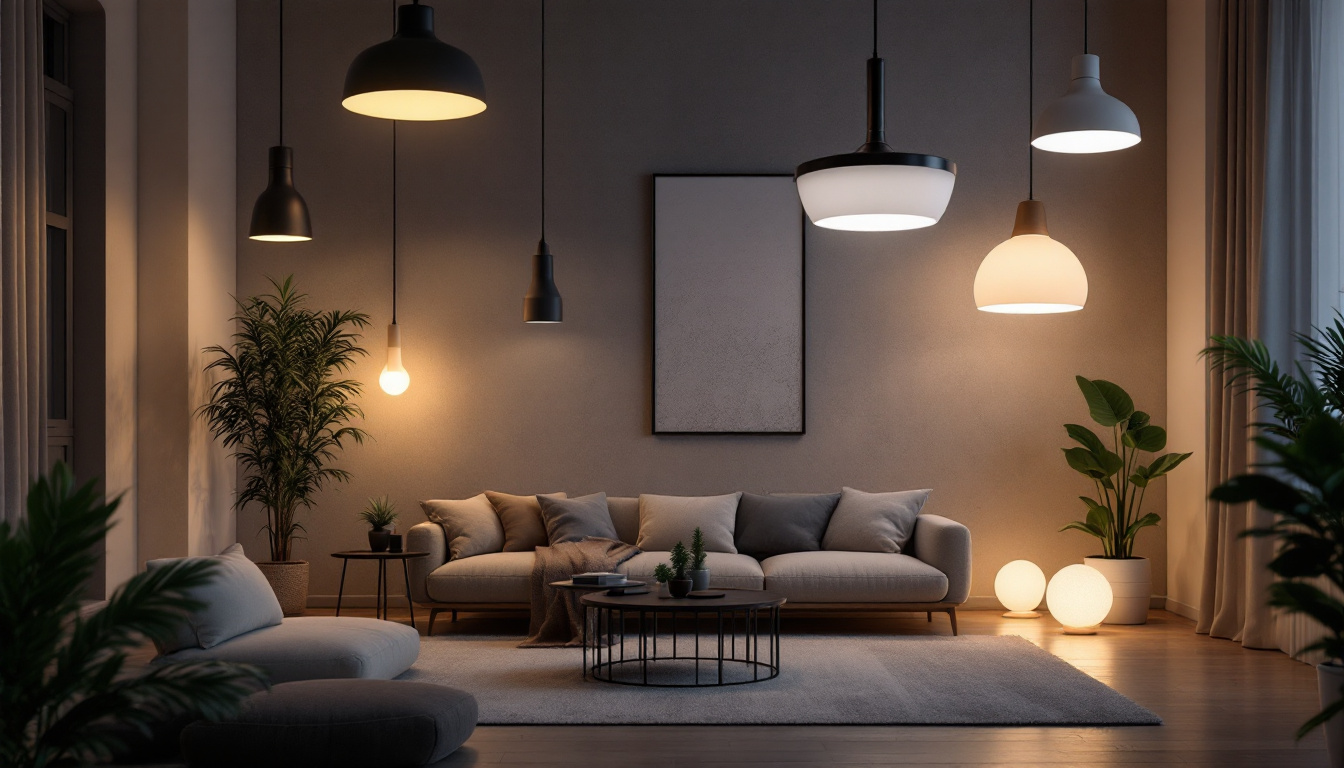A photograph of a stylish and modern interior space showcasing a variety of innovative light fixtures in action