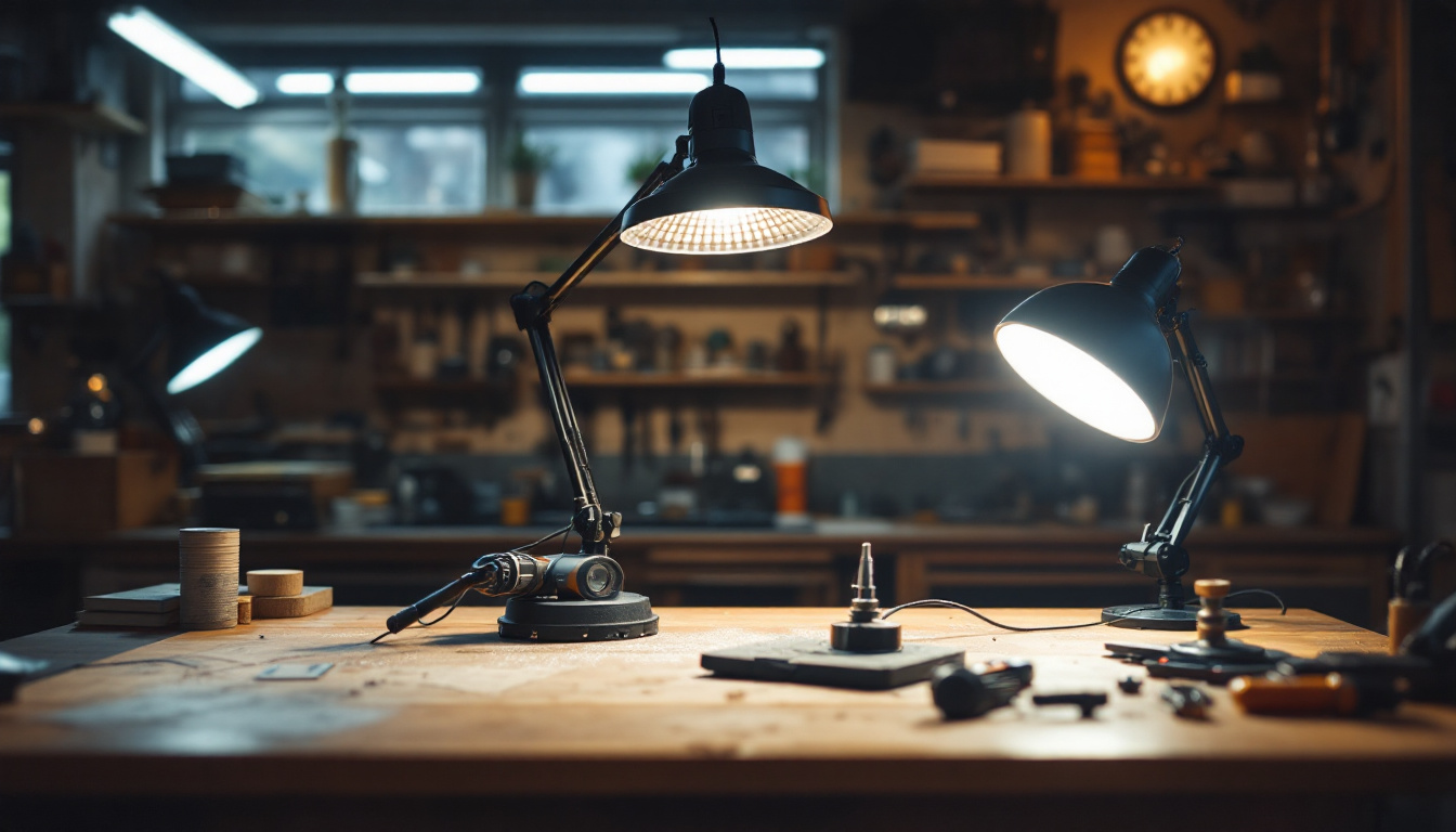 A photograph of a well-lit workshop or studio space showcasing various high-quality shop lights in use