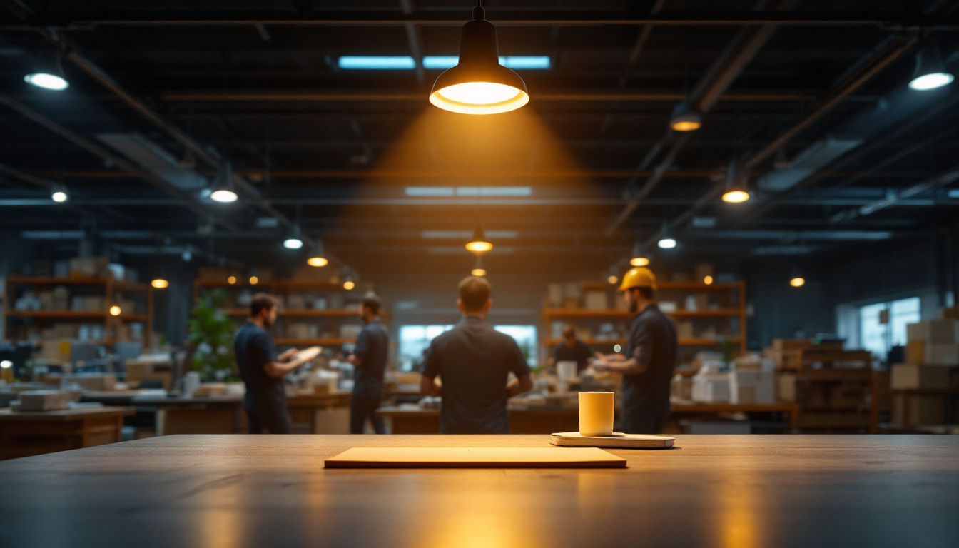A photograph of a modern workplace or warehouse setting featuring a lamp switch timer in action