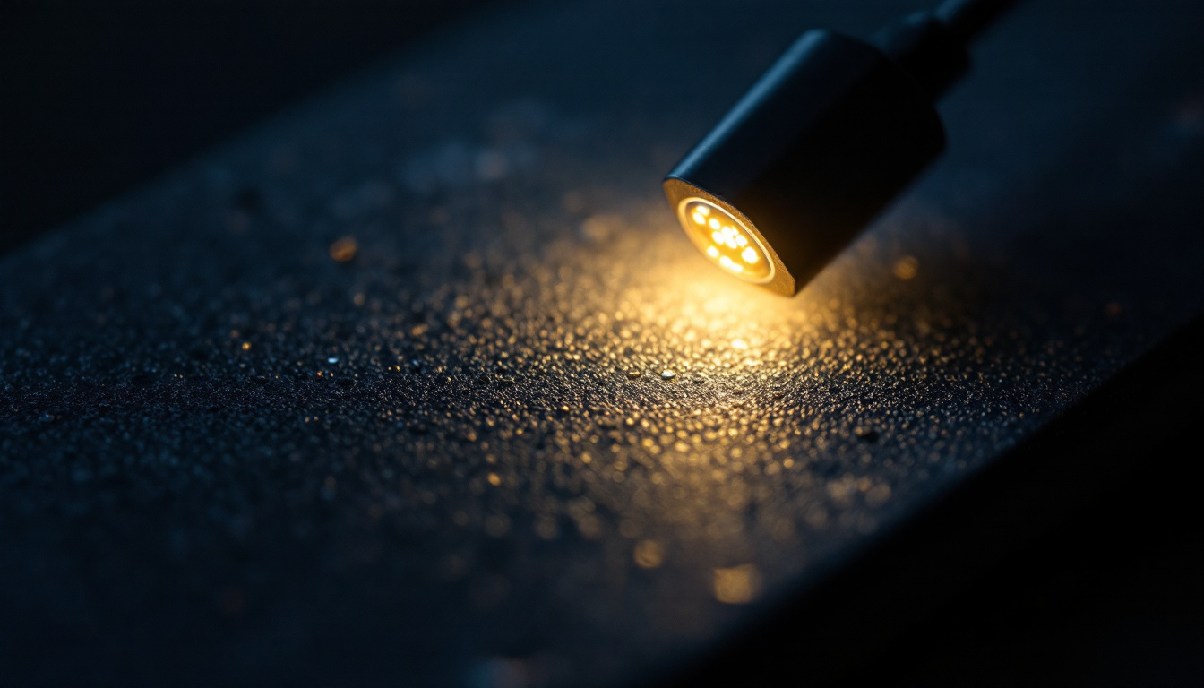 A photograph of a close-up shot of a 0.120-inch led light source illuminating a textured surface