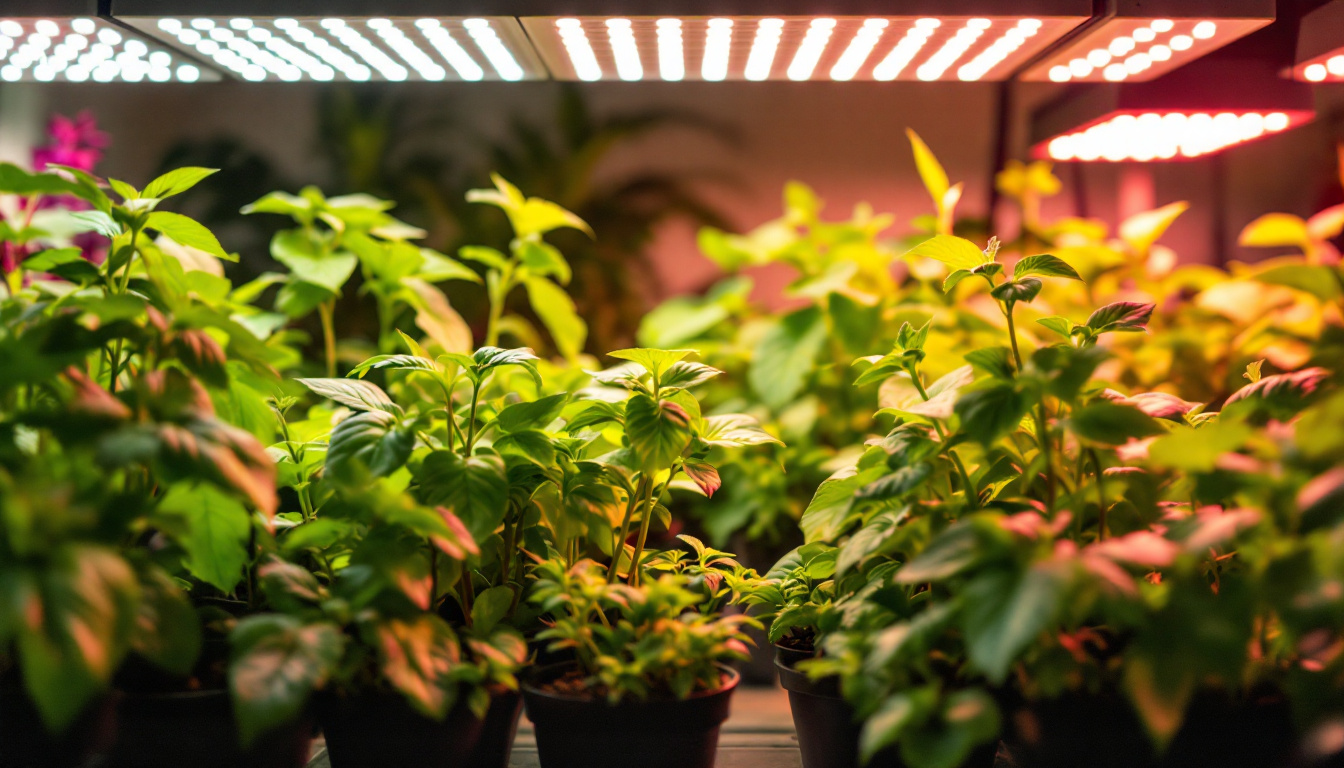 A photograph of a vibrant indoor garden illuminated by various types of led plant grow lights
