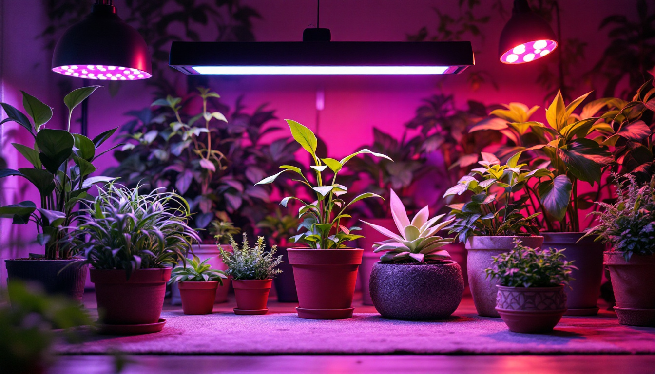 A photograph of a vibrant indoor garden setup featuring various plants thriving under different uv plant growing lamps