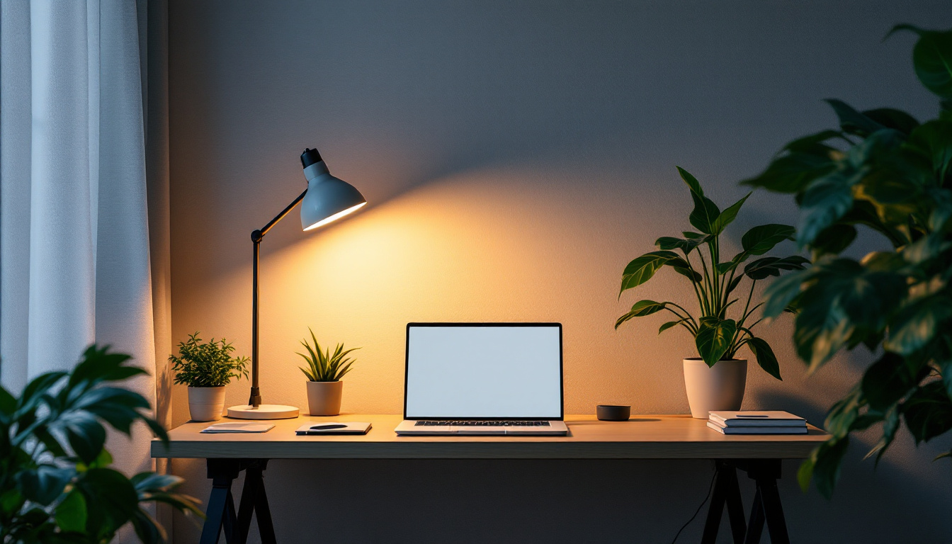 A photograph of a well-lit workspace featuring a stylish desk with a laptop