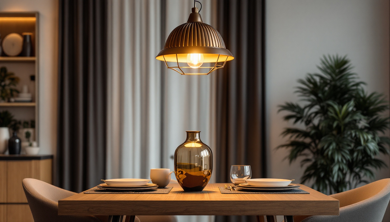 A photograph of a beautifully designed dining room featuring an elegant hanging lamp as the focal point