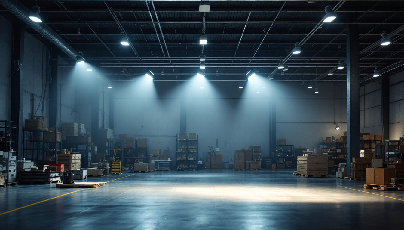 A photograph of a modern warehouse interior showcasing various lighting fixtures in use