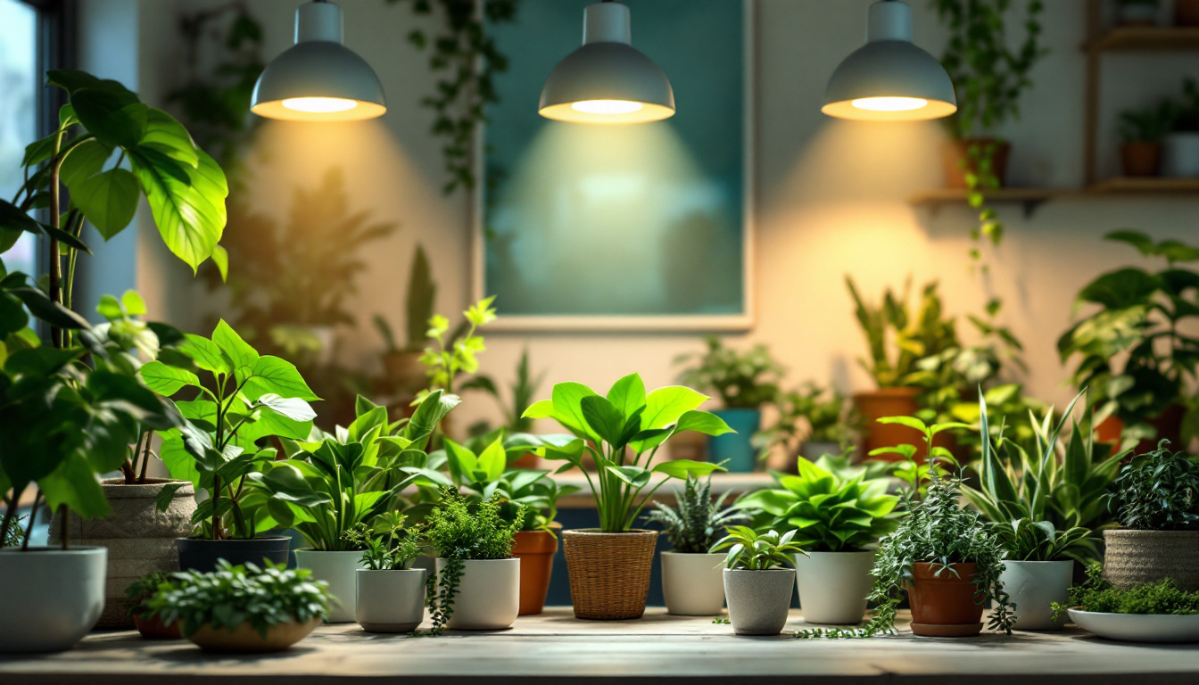 A photograph of a beautifully arranged indoor garden featuring a variety of plants illuminated by modern