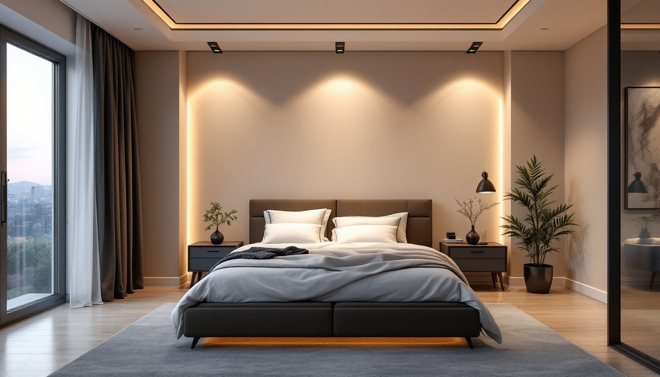 A photograph of a beautifully designed bedroom showcasing recessed lights that highlight the space's architectural features and create a warm
