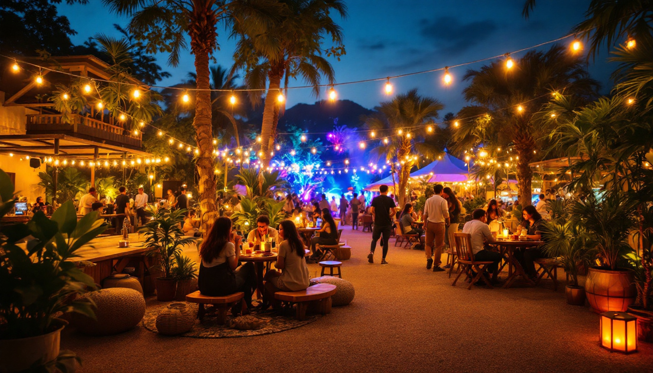 A photograph of a vibrant outdoor gathering illuminated by อุ๋ย แก๊ส ไลท์ติ้ง