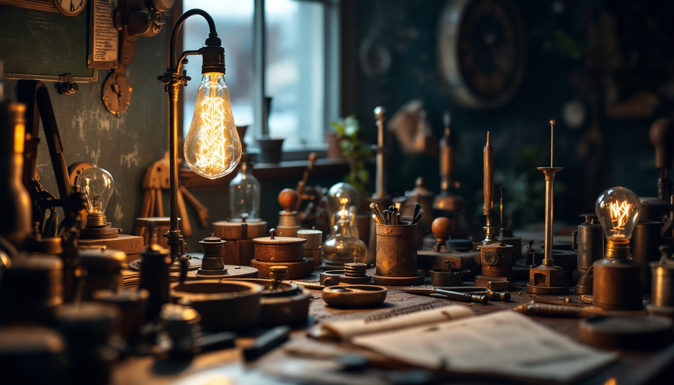 A photograph of a vintage-style workbench cluttered with historical tools and materials used in the invention of the light bulb