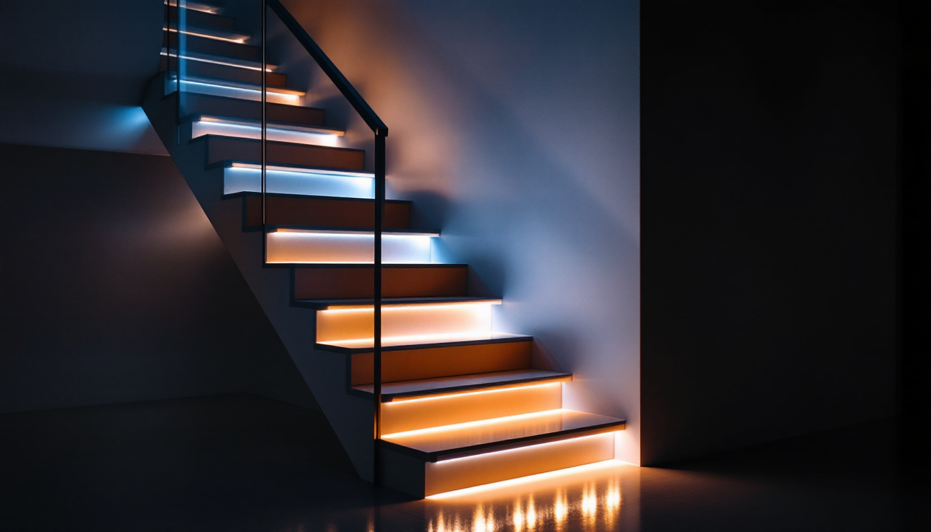 A photograph of capture a photograph of a beautifully illuminated staircase featuring led lighting