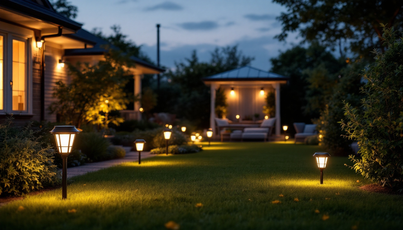 A photograph of a beautifully illuminated yard at dusk